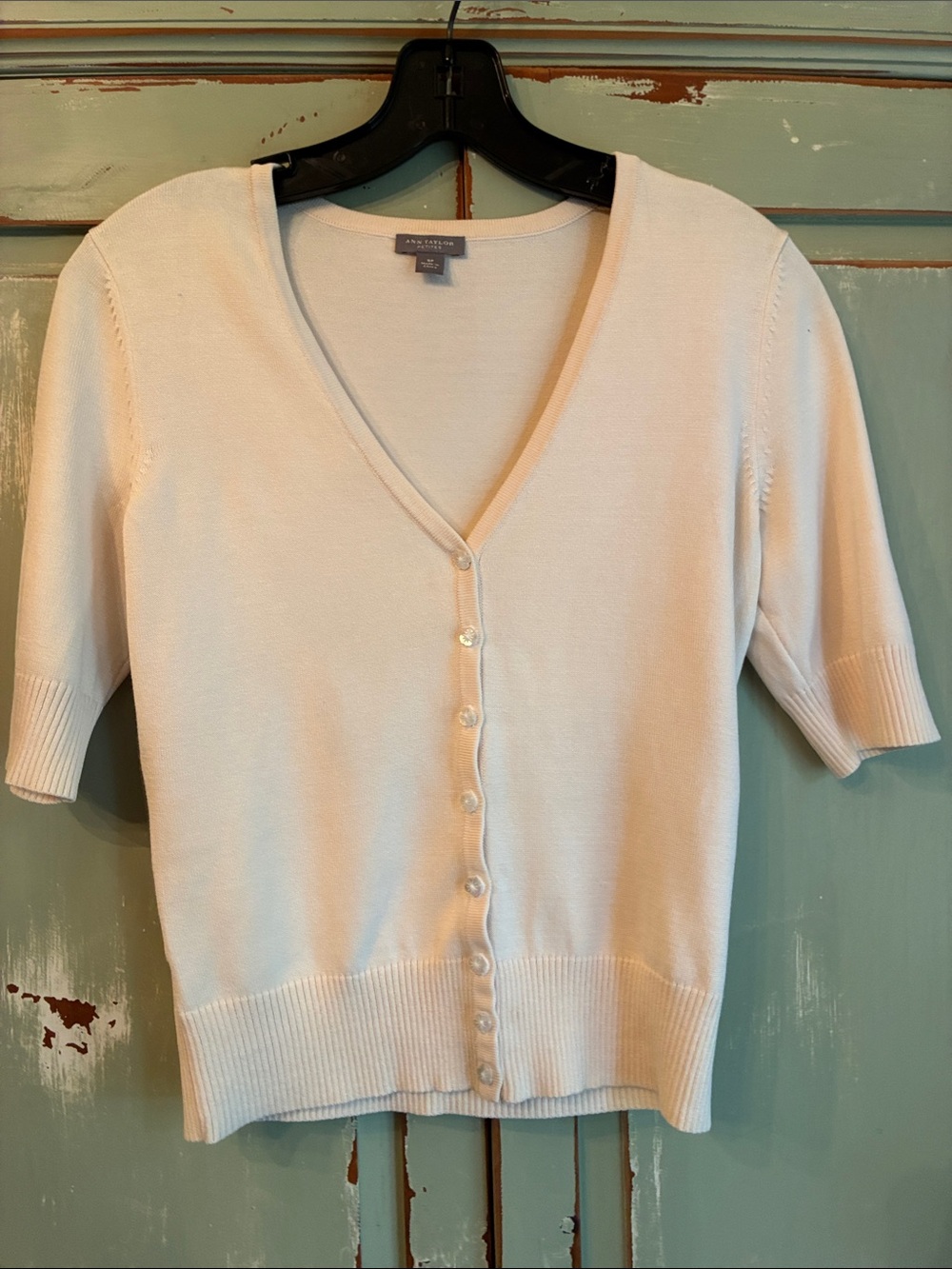 Ann Taylor Soft Cream Short-Sleeve V-Neck Cardigan
